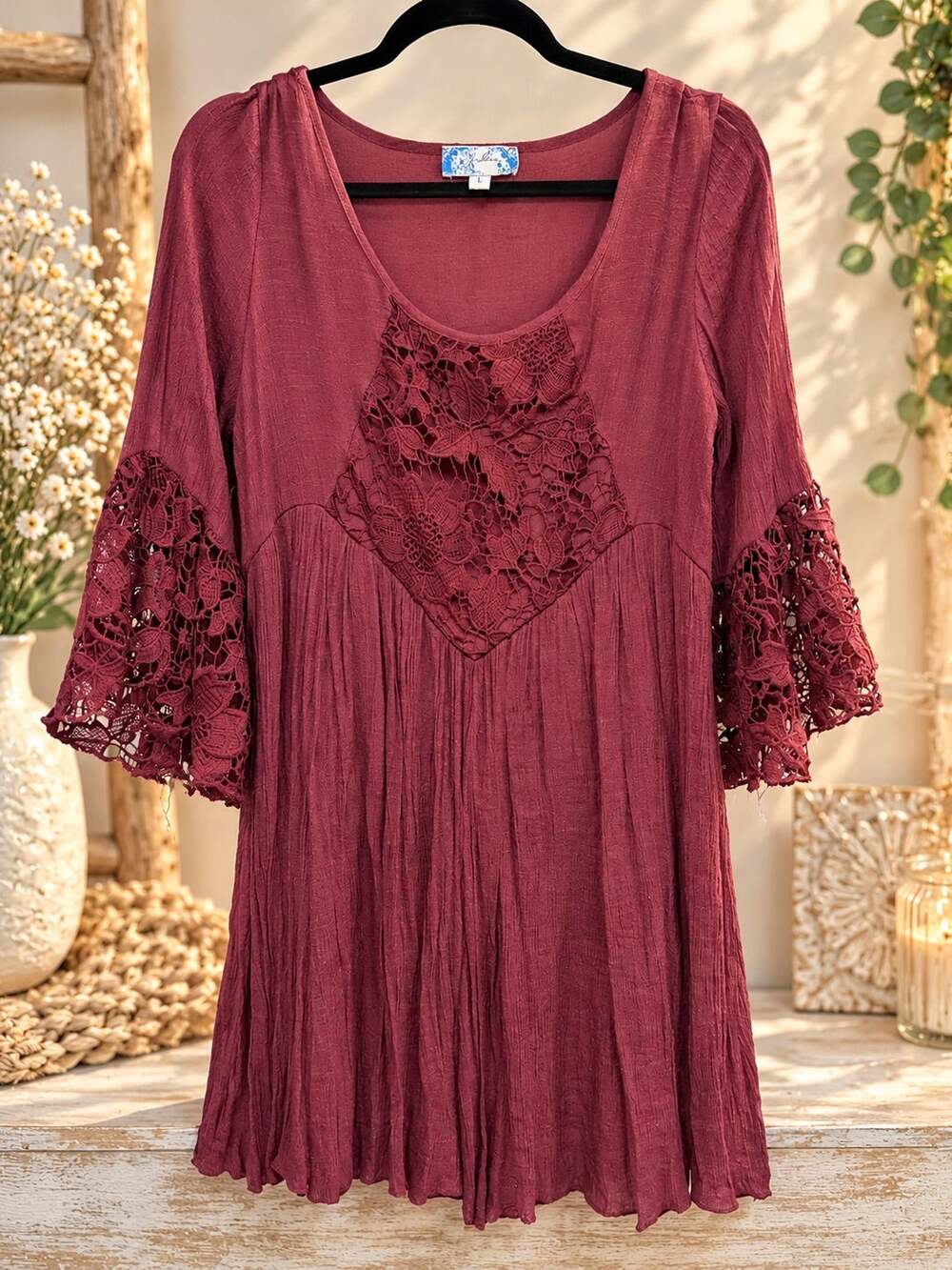 Burgundy Boho Lace Bell Sleeve Tunic Dress Crochet Lace Scoop Neck Size L